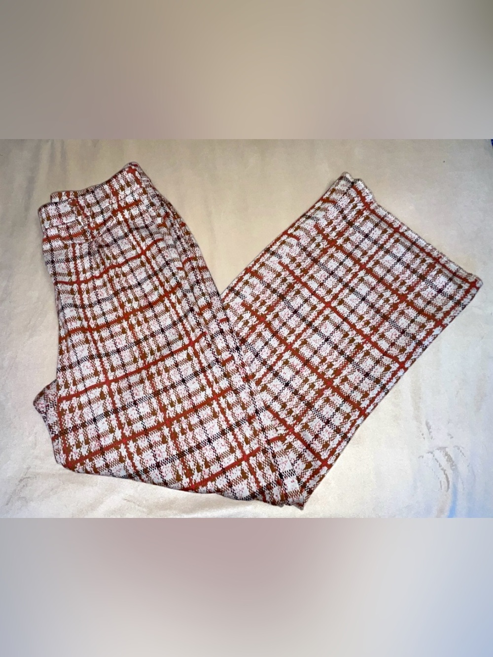 Wide Leg Knit Plaid Pants in Rust and White